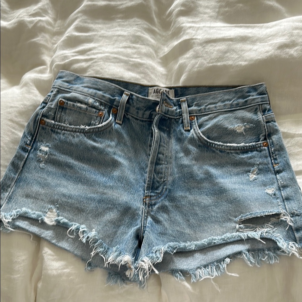 Agolde Blue Jean Shorts Distressed Raw-Edge